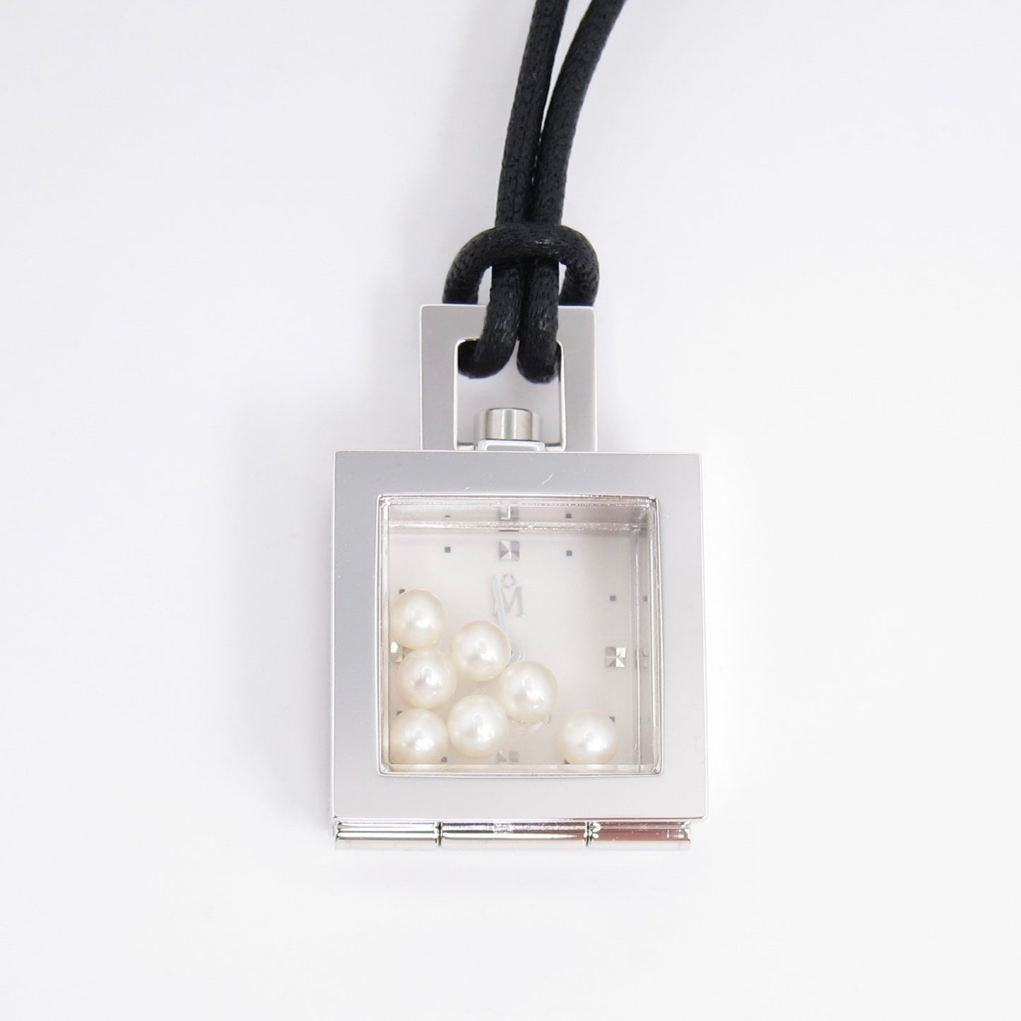 Mikimoto Vintage Square White Face Silver Pendant Watch with Pearl Box and Black Leather Cord