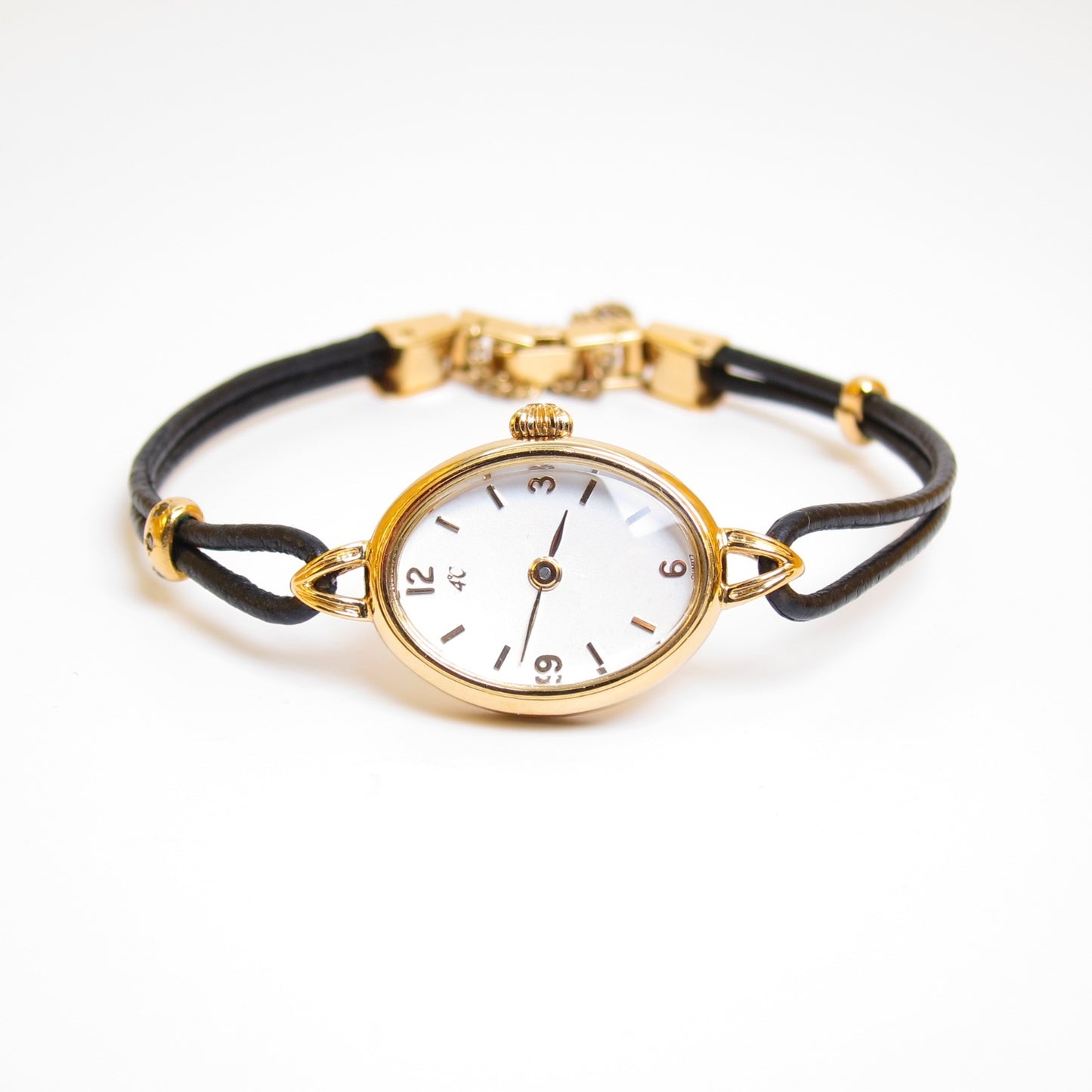4°C Vintage Oval White Dial Black Leather Cord Bracelet Watch
