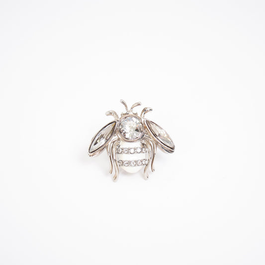 Christian Dior Vintage Bee Motif with Rhinestone White and Silver Brooch