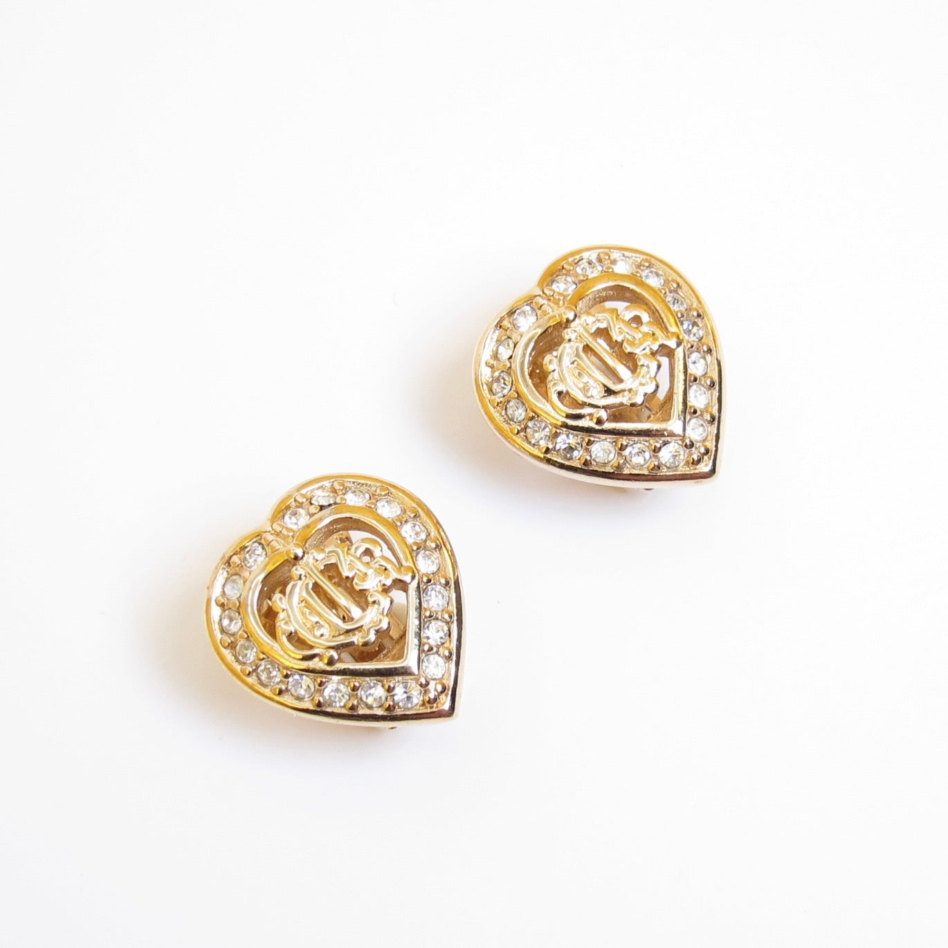 Christian Dior Vintage Dior Logo in Heart with Rhinestone Golden Clip-on Earrings