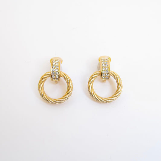 Christian Dior Vintage Twisted Circle and Rhinestone Golden Clip-on Earrings