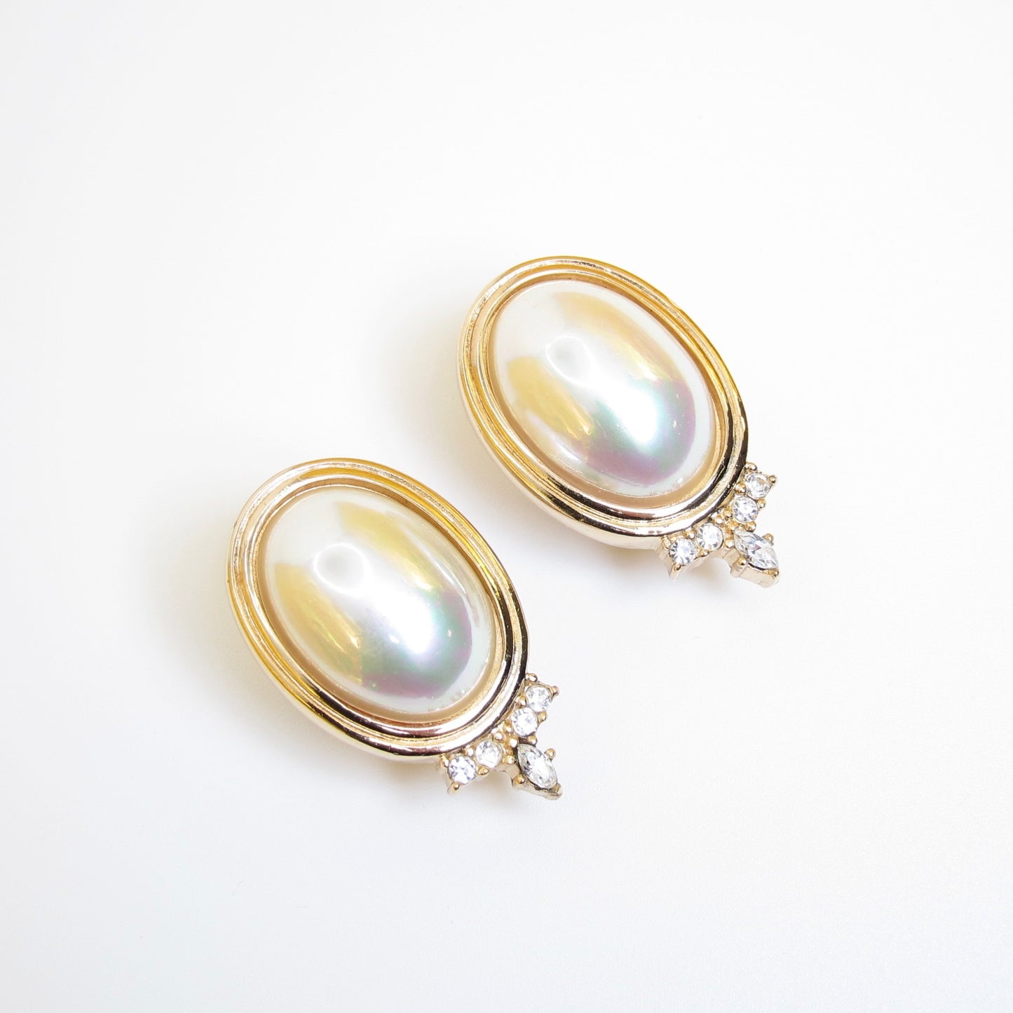 Christian Dior Vintage Oval Shape Pearl and Rhinestone Golden Clip-on Earrings