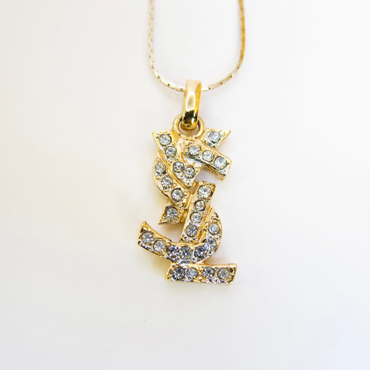 Yves Saint Laurent Vintage YSL Logo with Rhinestone Golden Necklace