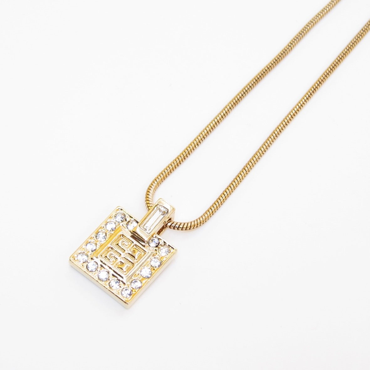 Givenchy Vintage 4G Logo Square Rhinestone Pendant Golden Necklace