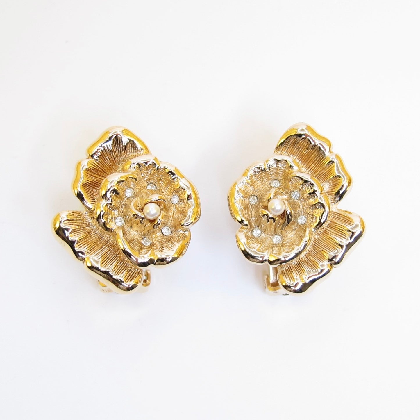 Christian Dior Vintage Flower Motif with Rhinestone and Pearl Golden Clip-on Earrings