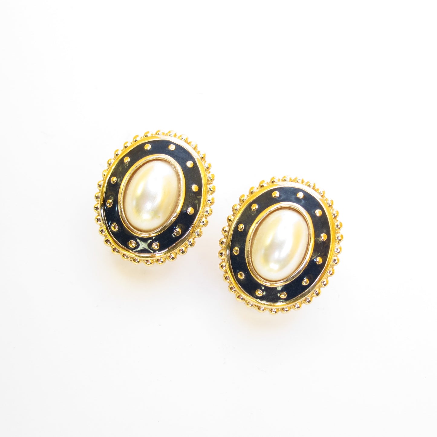 Burberry Vintage Oval Pearl and Dark Blue Golden Clip-on Earrings