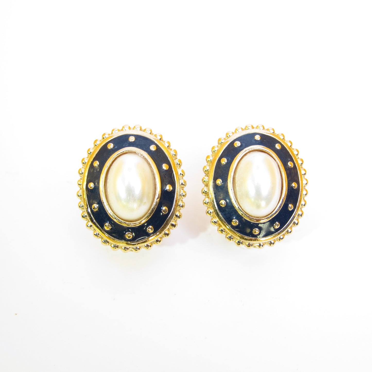Burberry Vintage Oval Pearl and Dark Blue Golden Clip-on Earrings