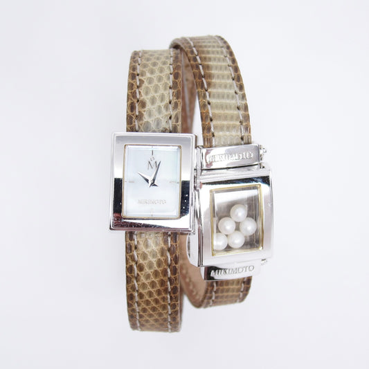 Mikimoto Vintage Shell Pearl Face and Pearl Box with Leather Strap Watch