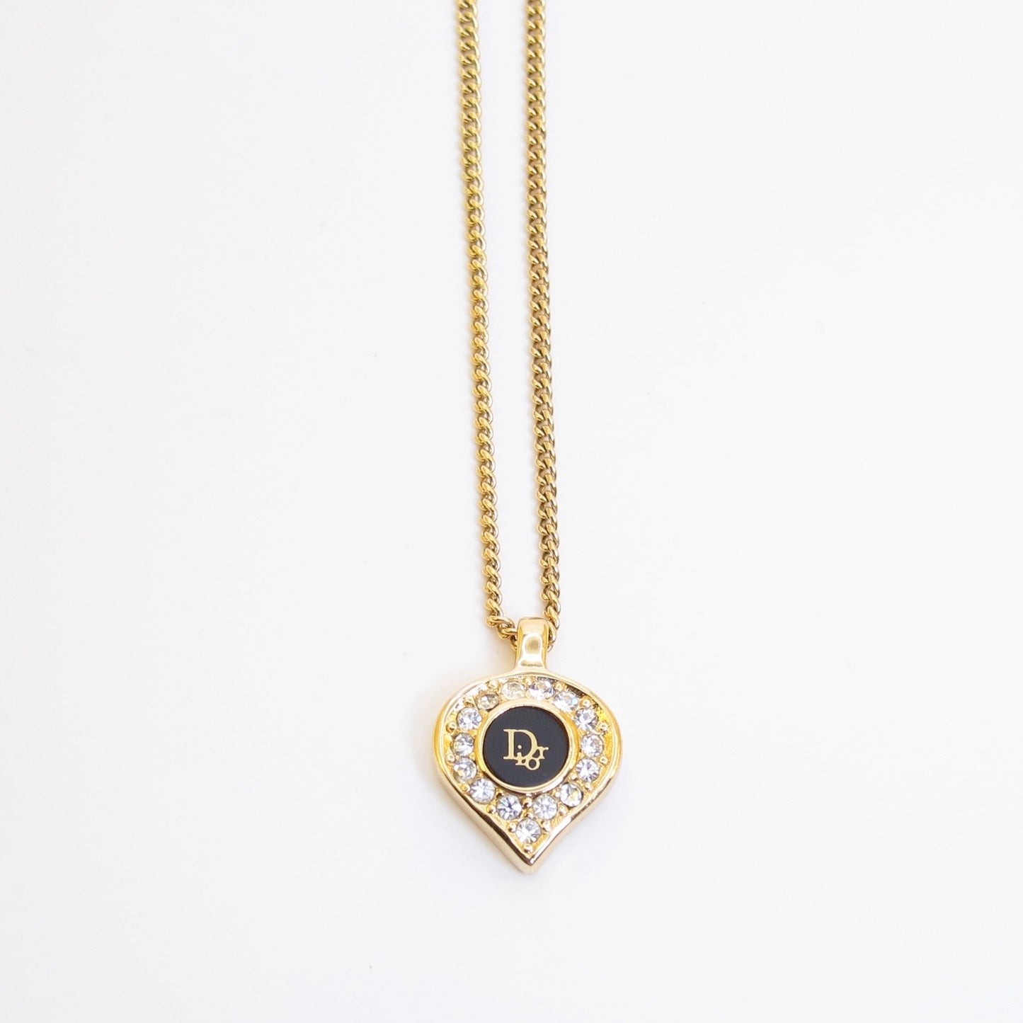 Christian Dior Vintage Dior Logo Black and Rhinestone Golden Necklace