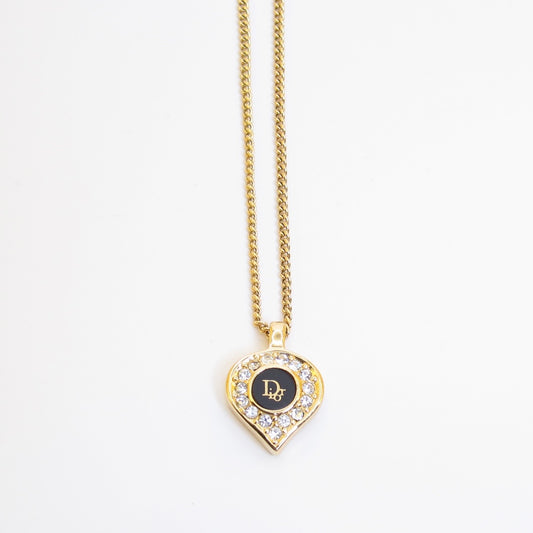 Christian Dior Vintage Dior Logo Black and Rhinestone Golden Necklace