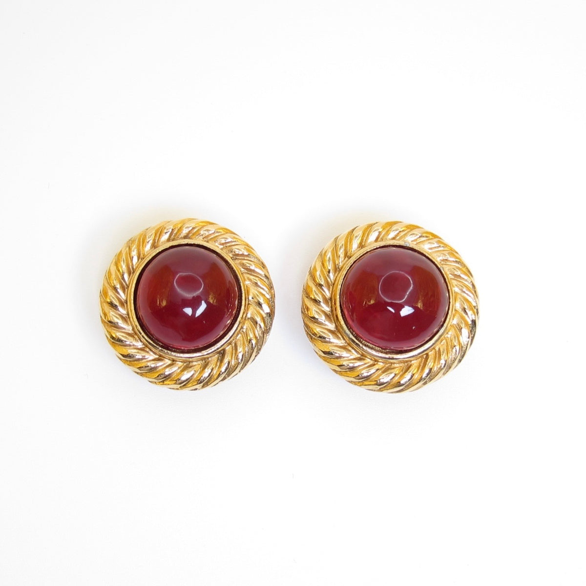 Chanel Vintage Red Gripoix Glass Round Rope Golden Clip-on Earrings