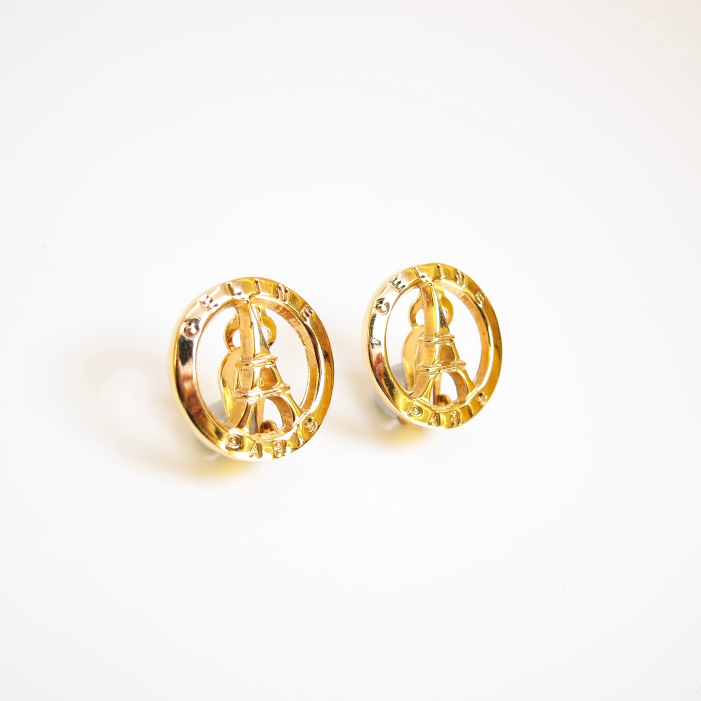 Celine Vintage Celine Logo and Eiffel Tower Golden Clip-on Earrings