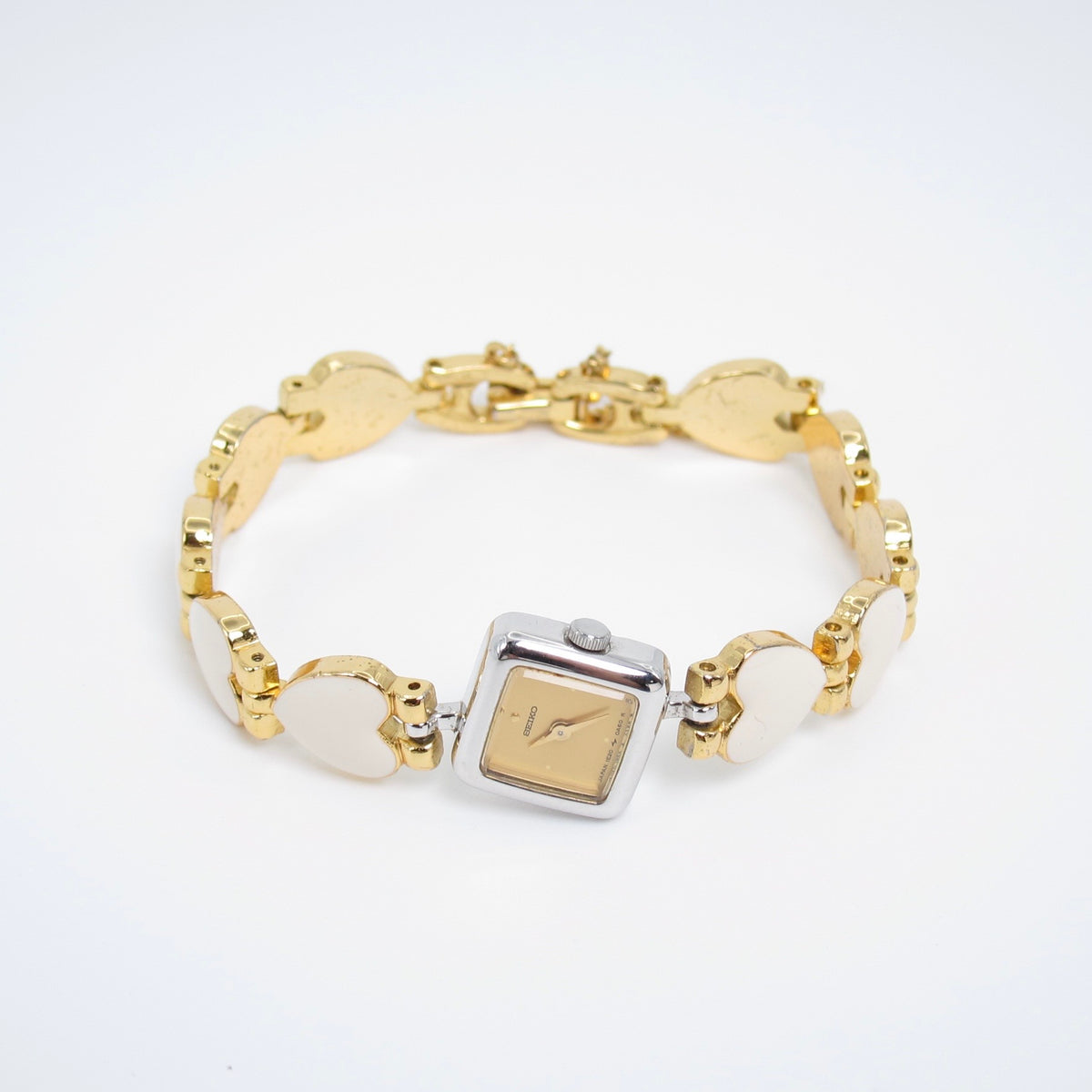 Seiko Vintage Square Dial with White Enamel Heart Link Chain Two Tone Watch