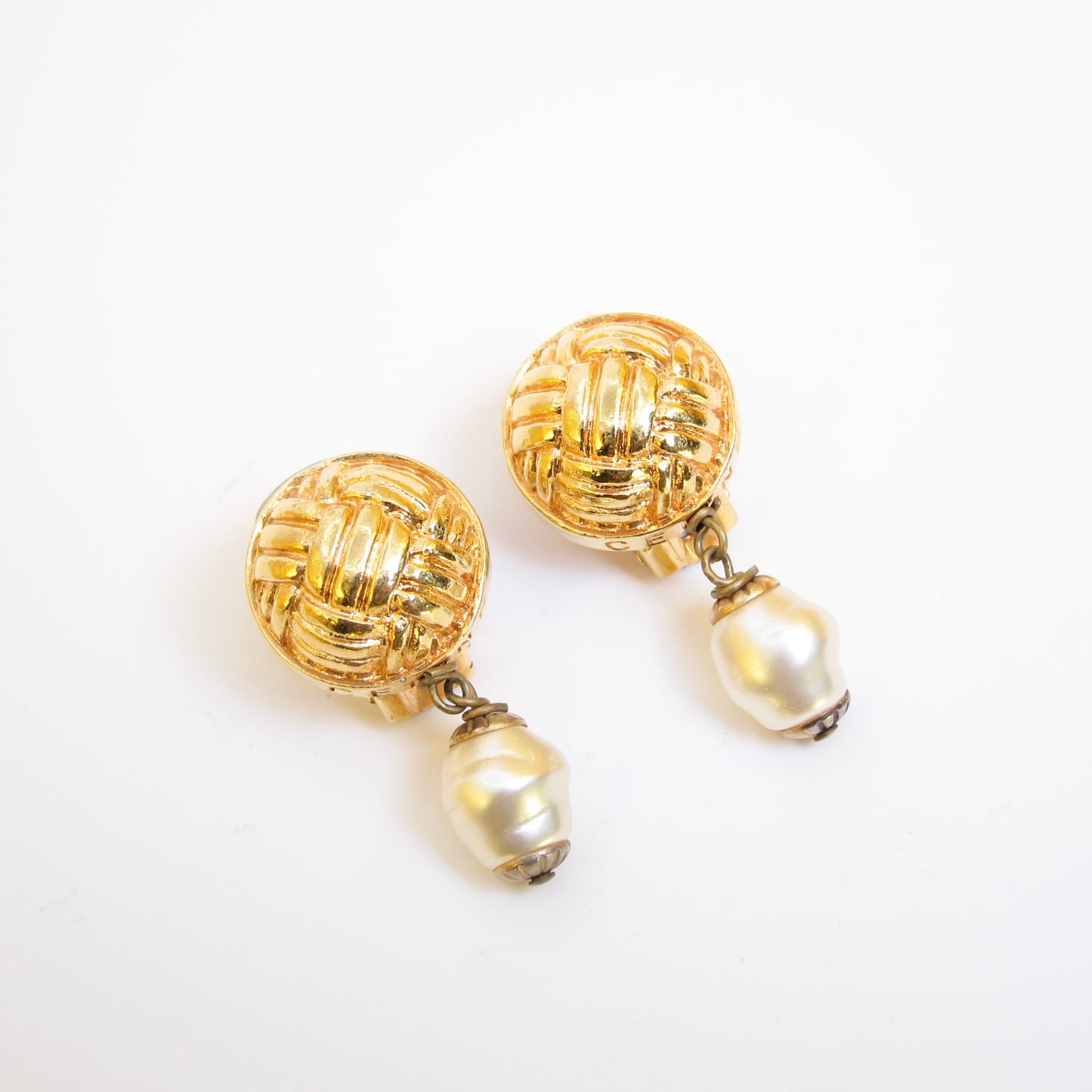 Celine Vintage Round Shape and Pearl Dangling Golden Clip-on Earrings