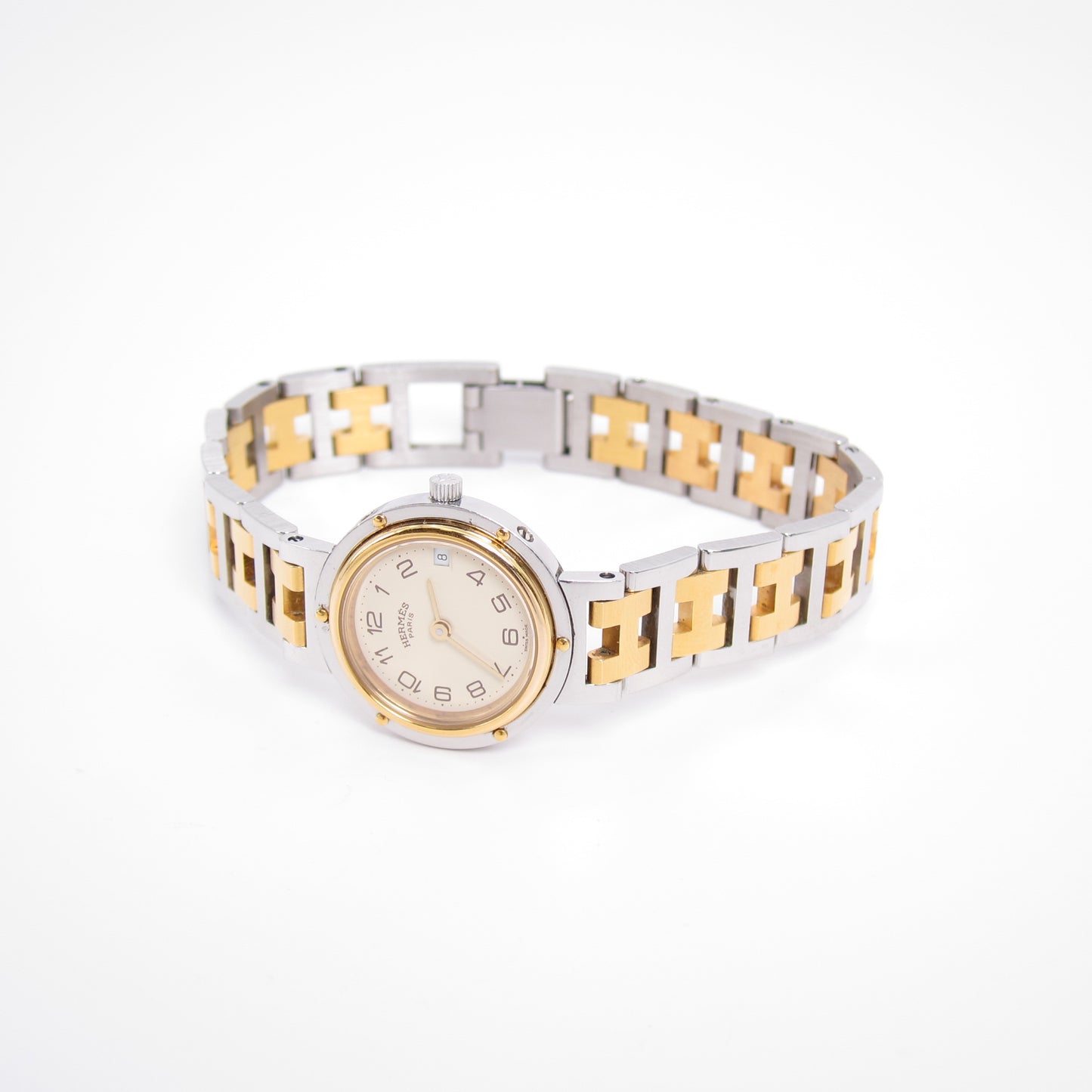 Hermes Vintage Clipper Ivory Dial with Date and H Bracelet Two Tone Watch