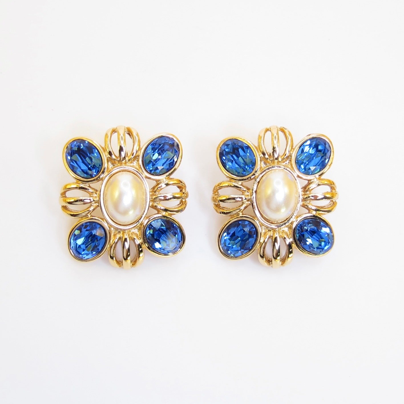 Monet Vintage Maltese Cross Blue Stone and Pearl Golden Clip-on Earrings