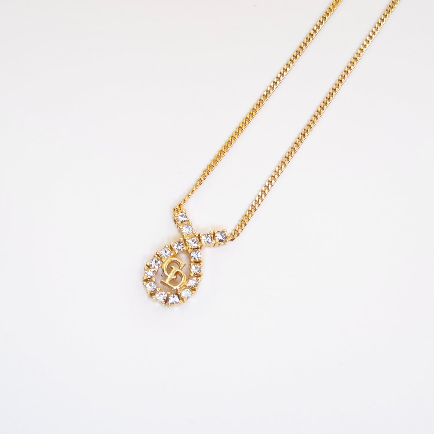 Christian Dior Vintage CD Logo in Drop Shape with Rhinestone Golden Necklace