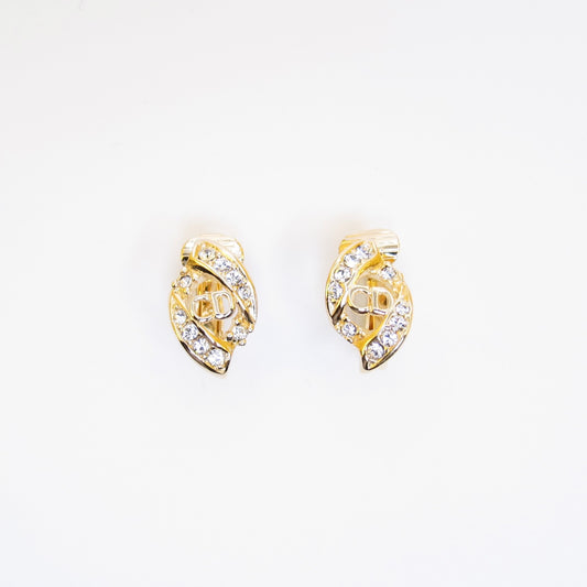 Christian Dior Vintage CD Logo and Rhinestone Golden Clip-on Earrings