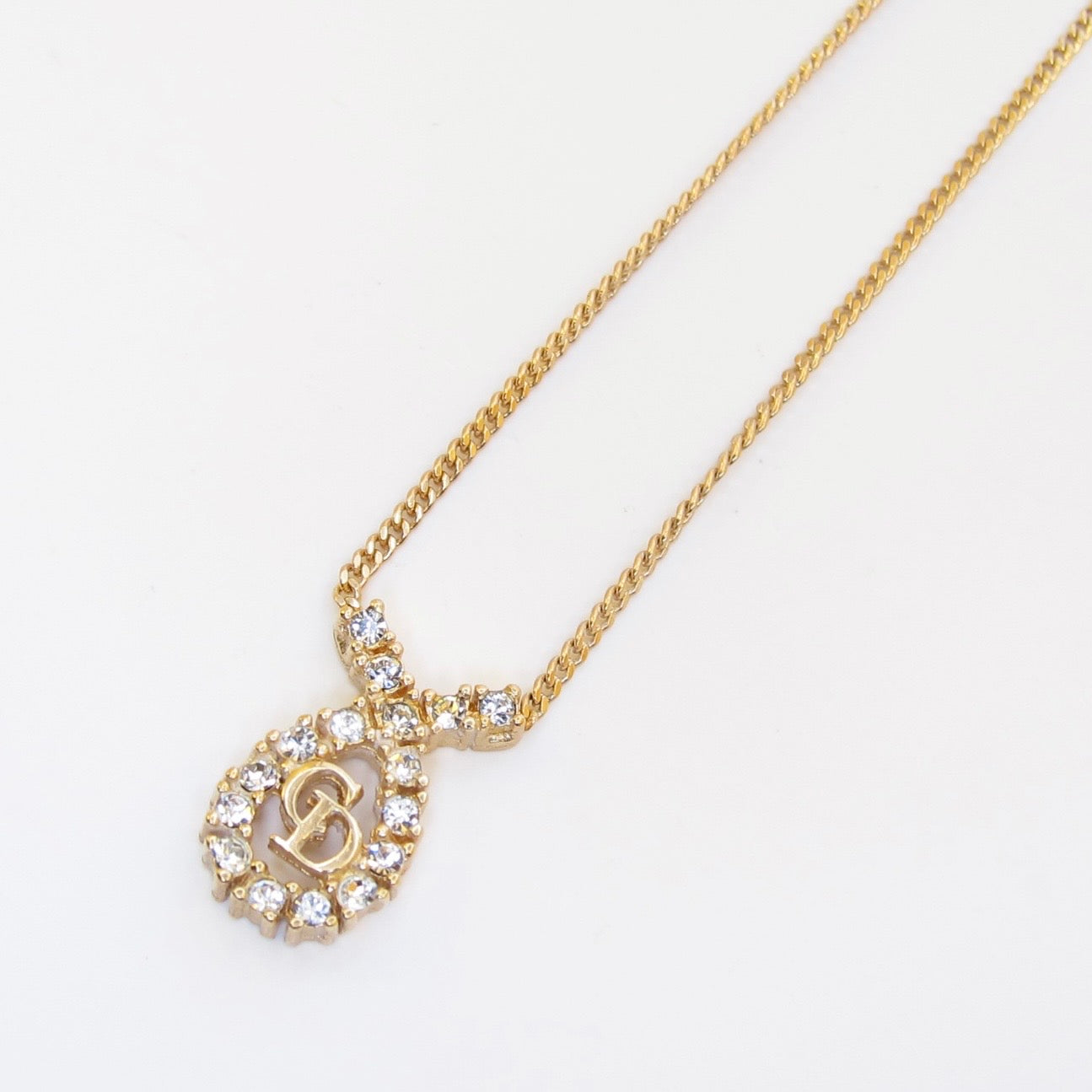 Christian Dior Vintage CD Logo in Drop Shaped with Rhinestone Golden Necklace