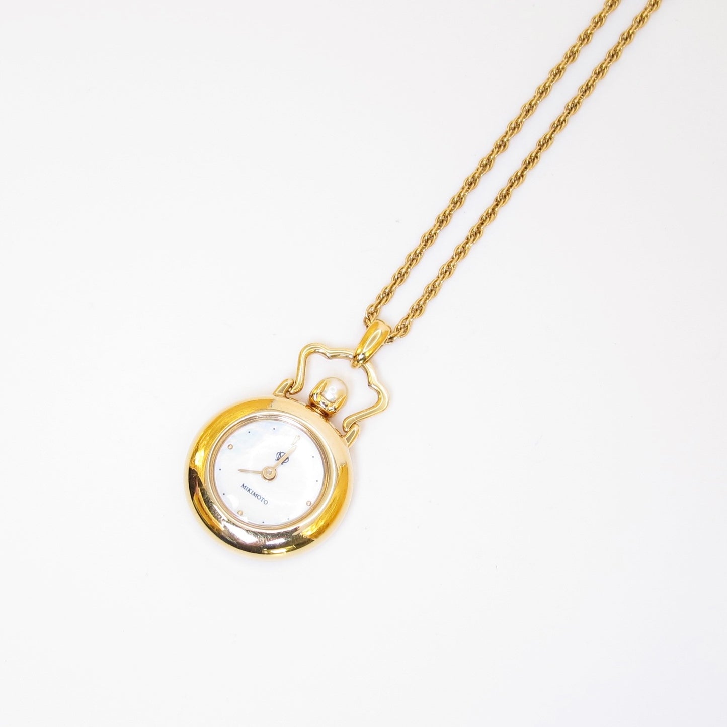 Mikimoto Vintage Shell Pearl Face and Pearl Golden Pocket Watch Pendant Necklace