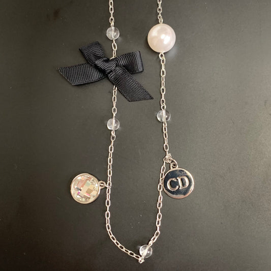 Christian Dior Vintage CD Logo Pearl Ribbon and Charms Silver Long Necklace
