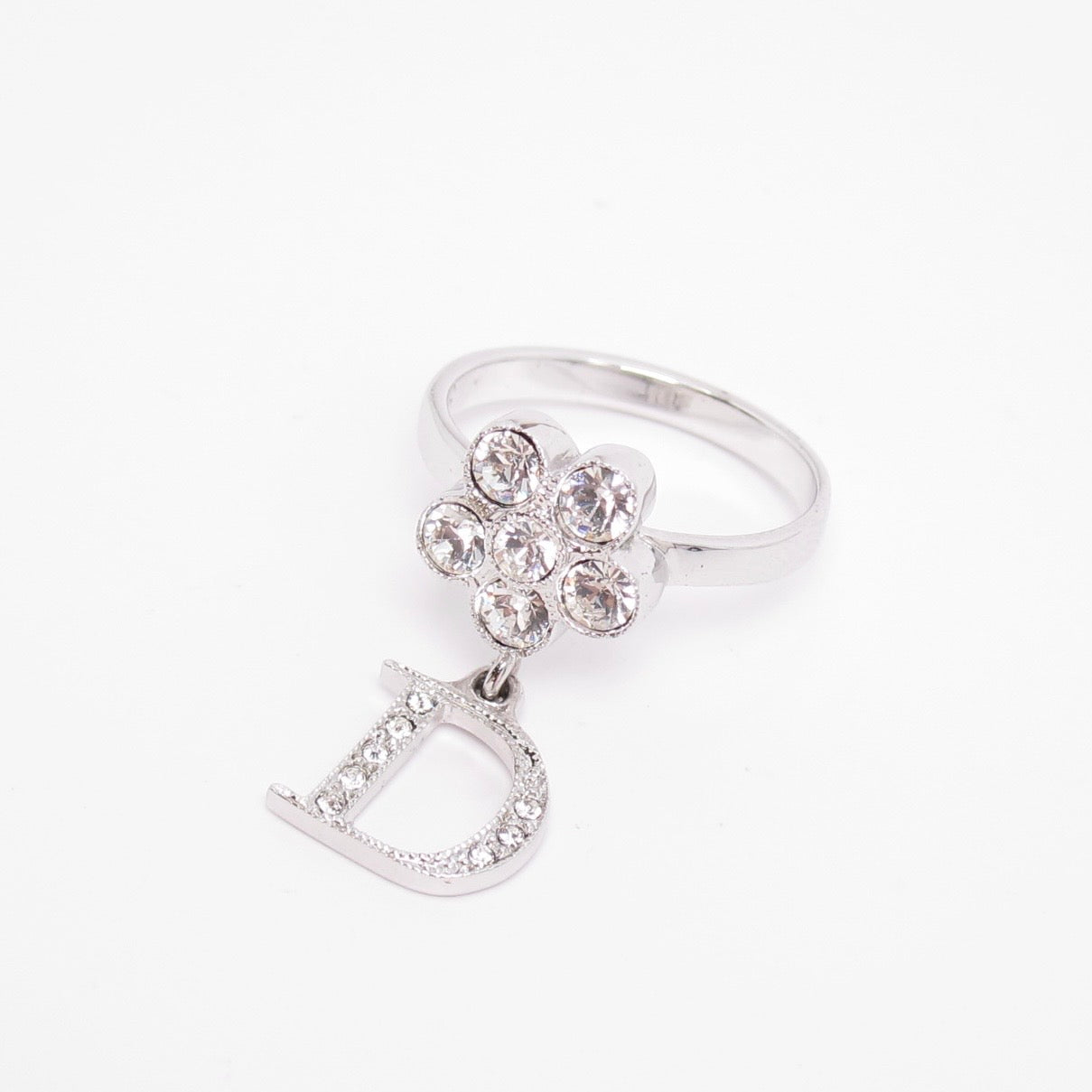 Christian Dior Vintage D Logo and Flower with Rhinestone Silver Ring