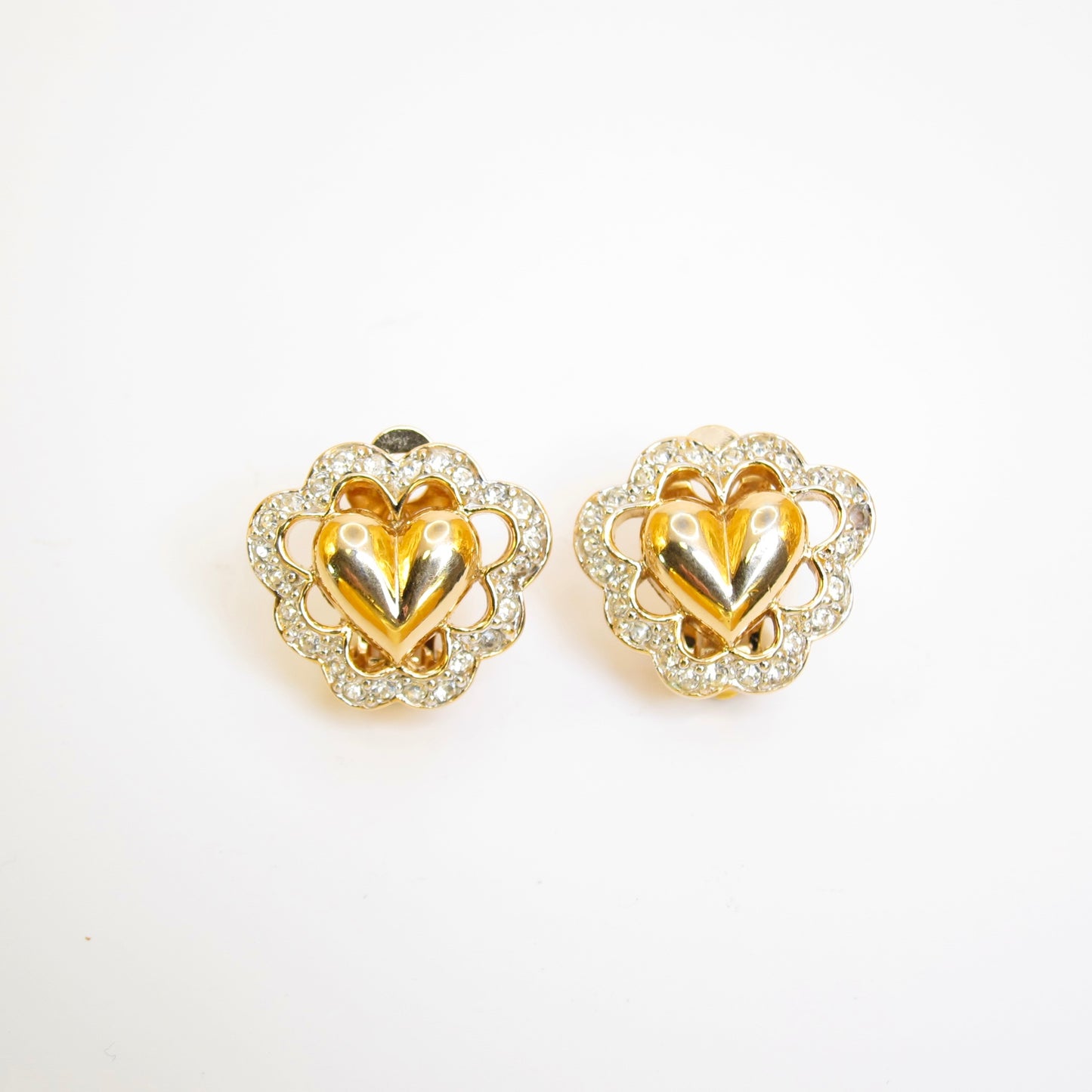 Nina Ricci Vintage Heart and Rhinestone Golden Clip-on Earrings