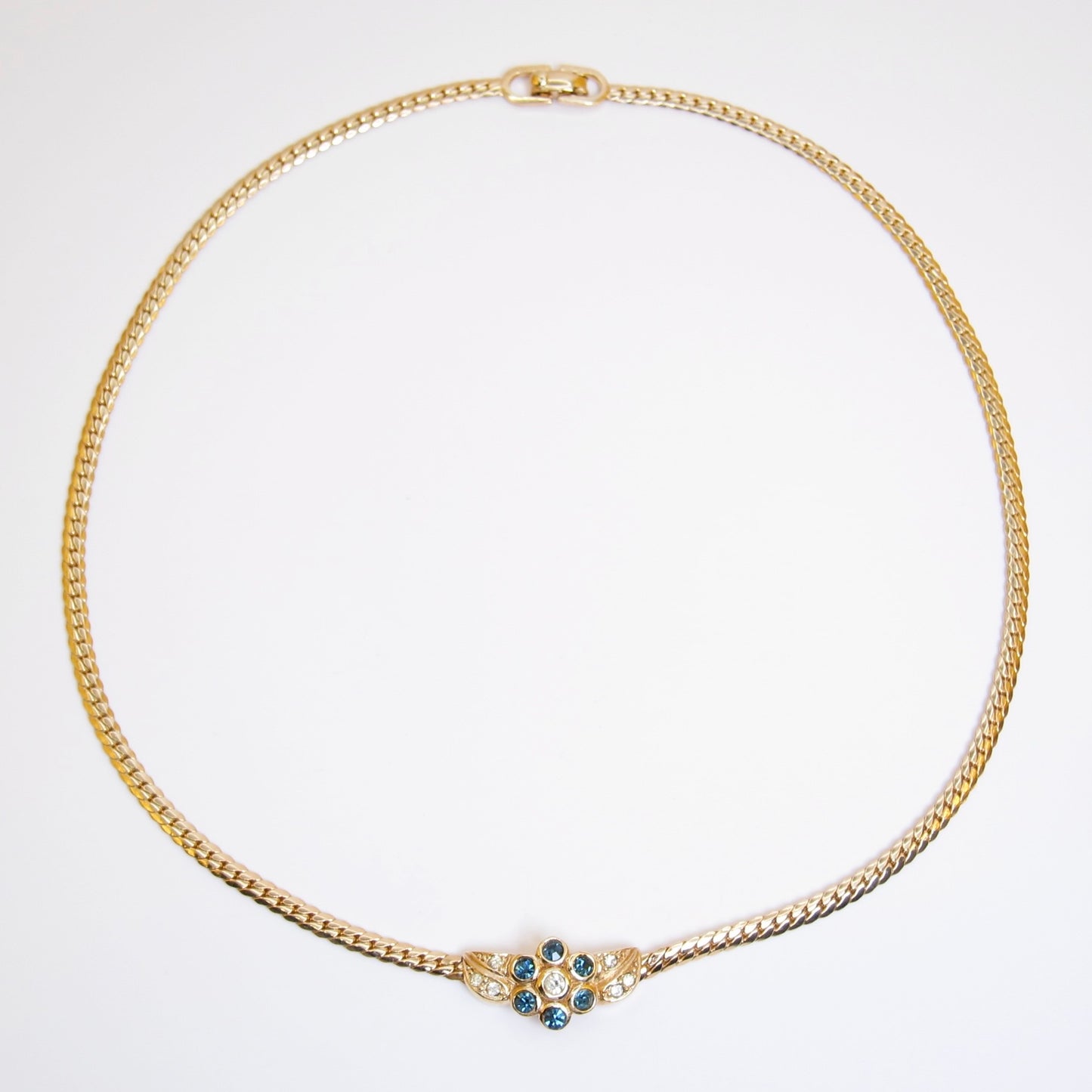 Christian Dior Vintage Flower Motif Blue and Rhinestone Golden Necklace
