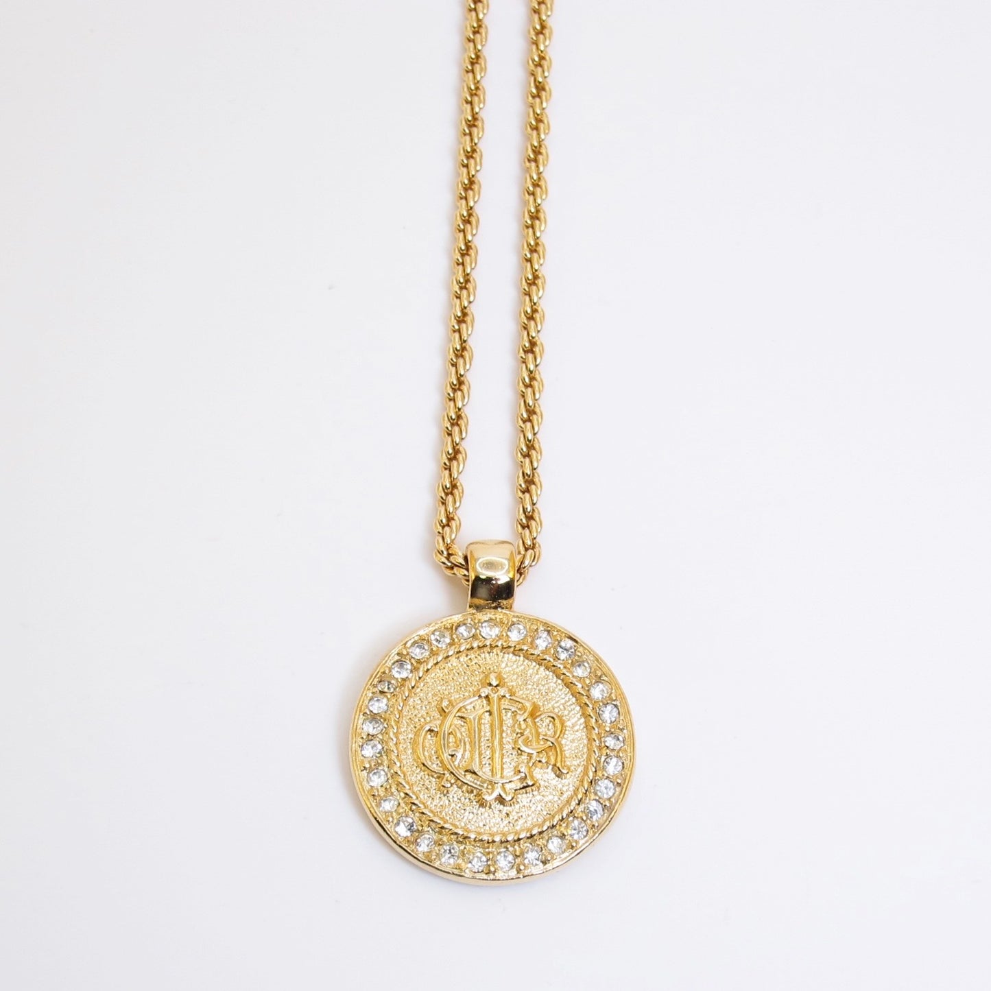 Christian Dior Vintage Dior Logo on Round Shaped with Rhinestone Golden Necklaces