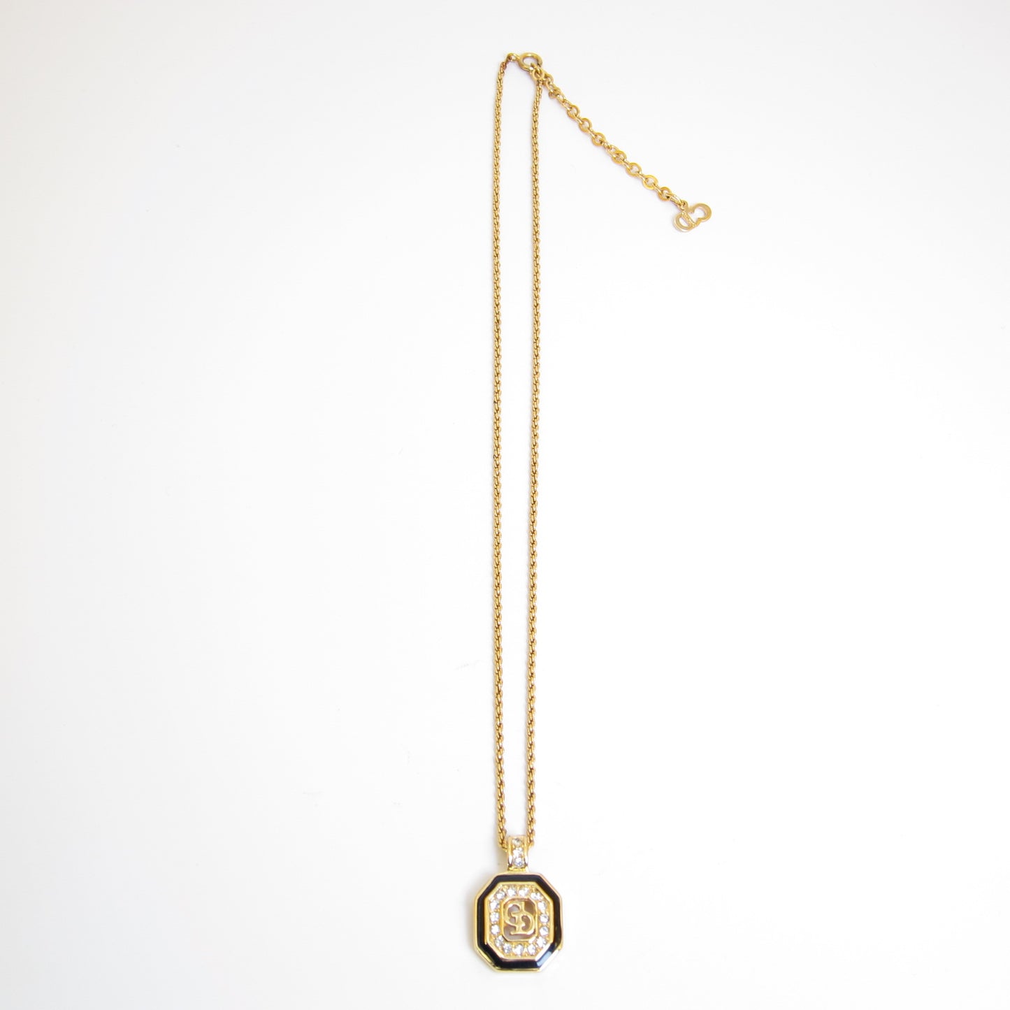 Christian Dior Vintage CD Logo in Octagon Black and Rhinestone Golden Necklace