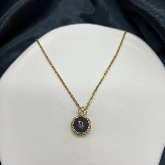 Christian Dior Vintage Logo In Black Circle Plate with Rhinestone Golden Necklace