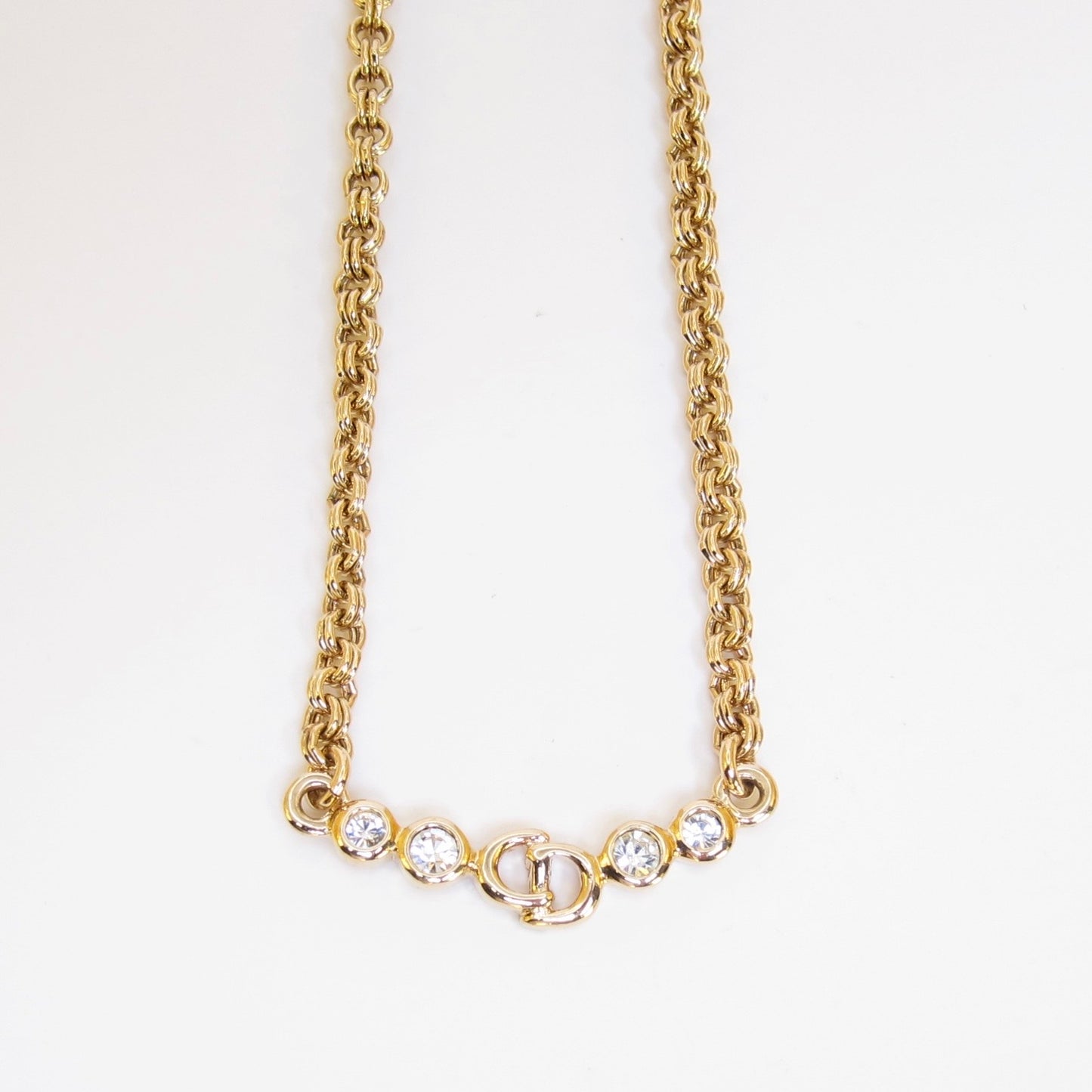 Christian Dior Vintage CD Logo and Rhinestone Golden Necklace