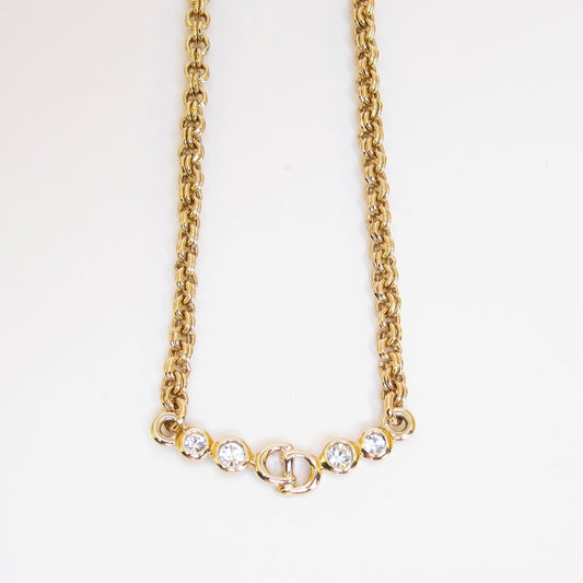 Christian Dior Vintage CD Logo and Rhinestone Golden Necklace