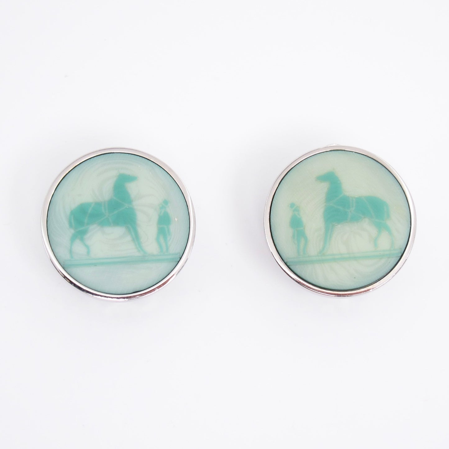 Hermes Vintage Corozo Horse and Carriage Silver Clip-on Earrings