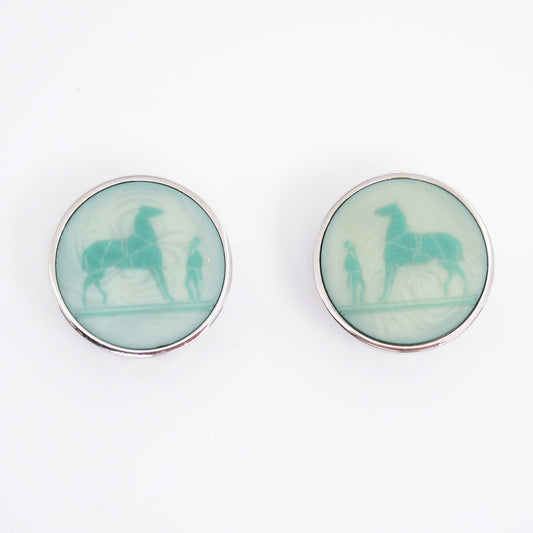 Hermes Vintage Corozo Horse and Carriage Silver Clip-on Earrings