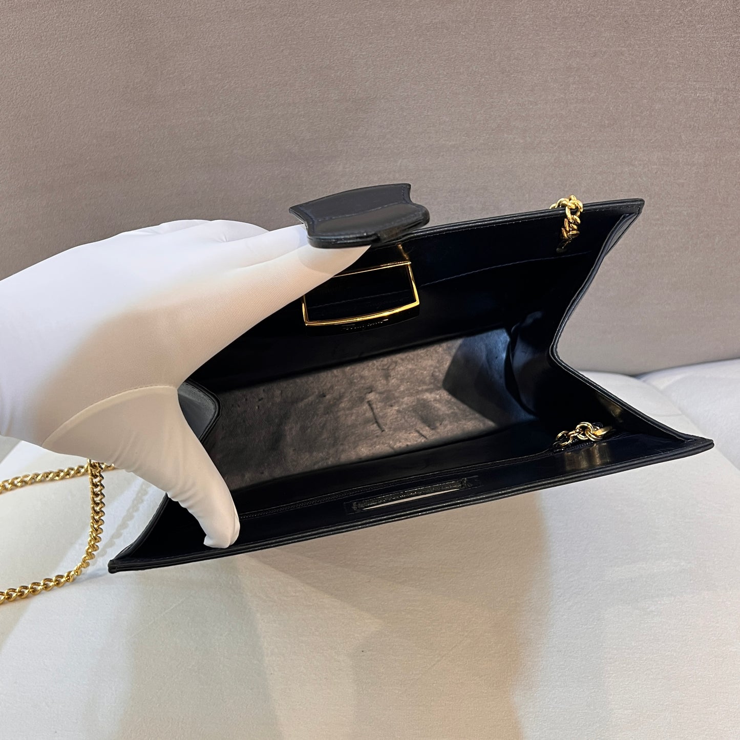 Ferragamo Vintage Black Leather Gold Chain Shoulder Bag