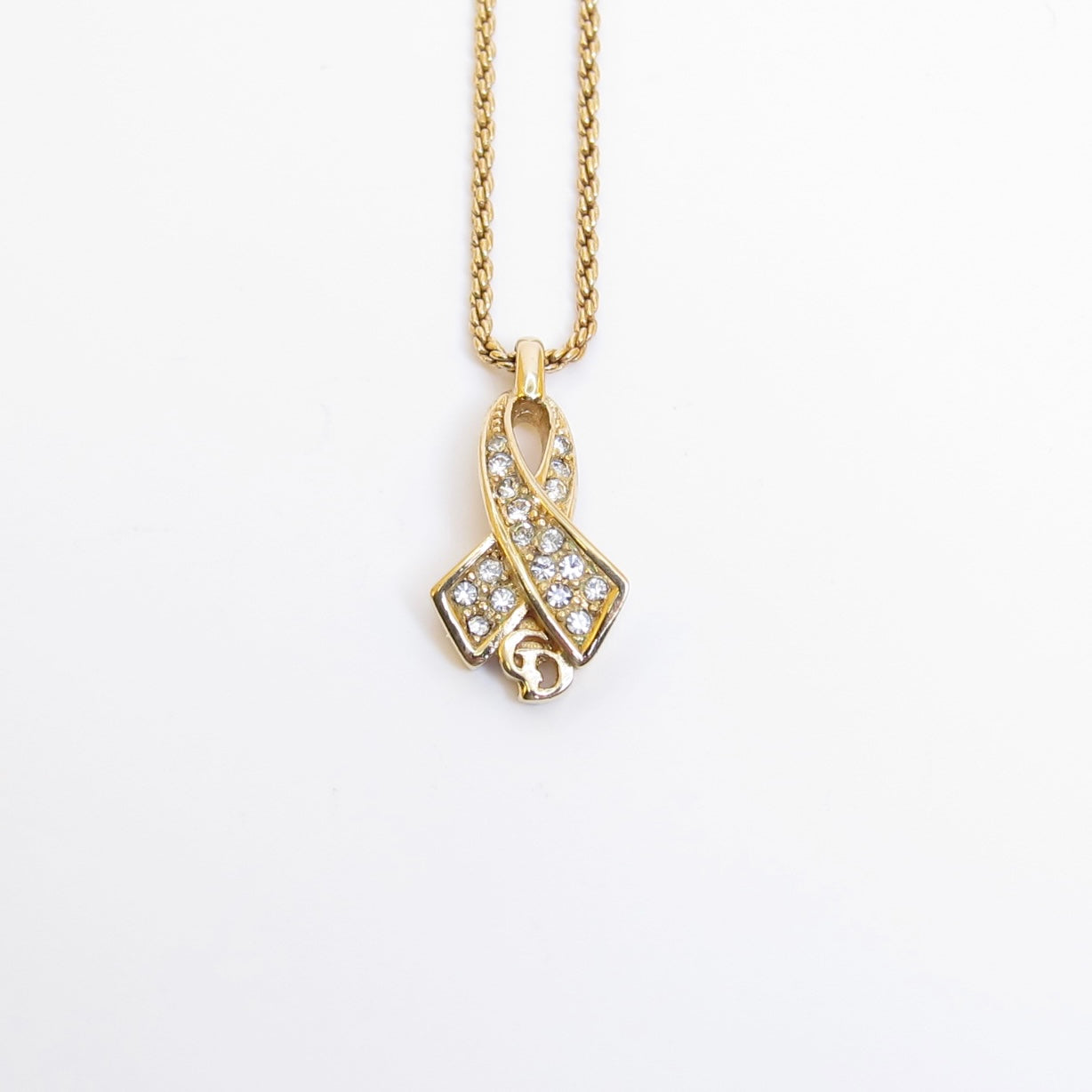 Christian Dior Vintage CD Logo Ribbon with Rhinestone Golden Necklace