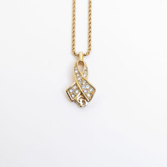 Christian Dior Vintage CD Logo Ribbon with Rhinestone Golden Necklace