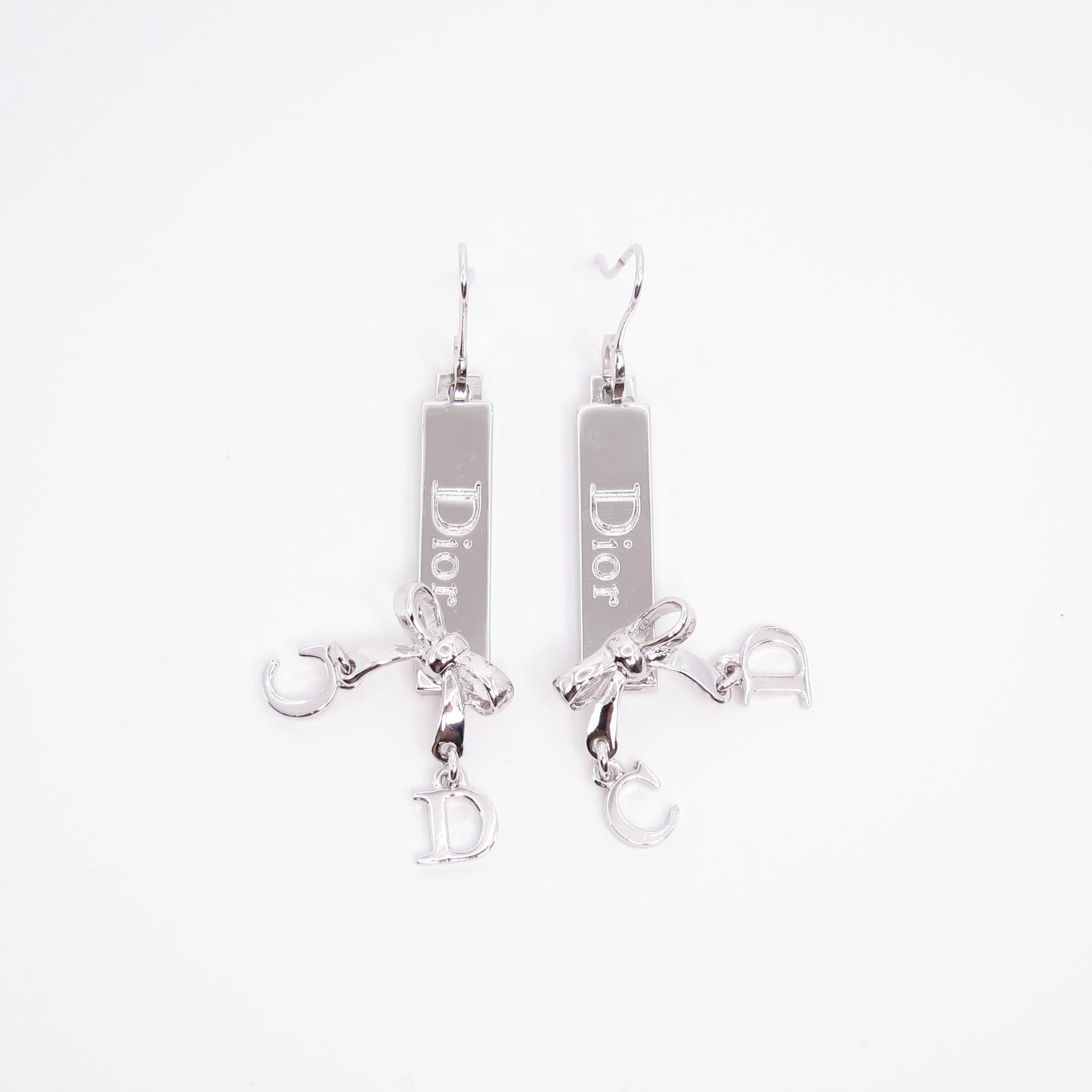 Christian Dior Vintage CD Logo and Ribbon Silver Earrings