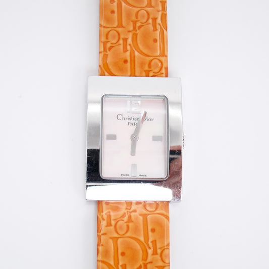 Christian Dior Vintage Malice Pink Shell Pearl Face with Orange Trotter Leather Strap Watch