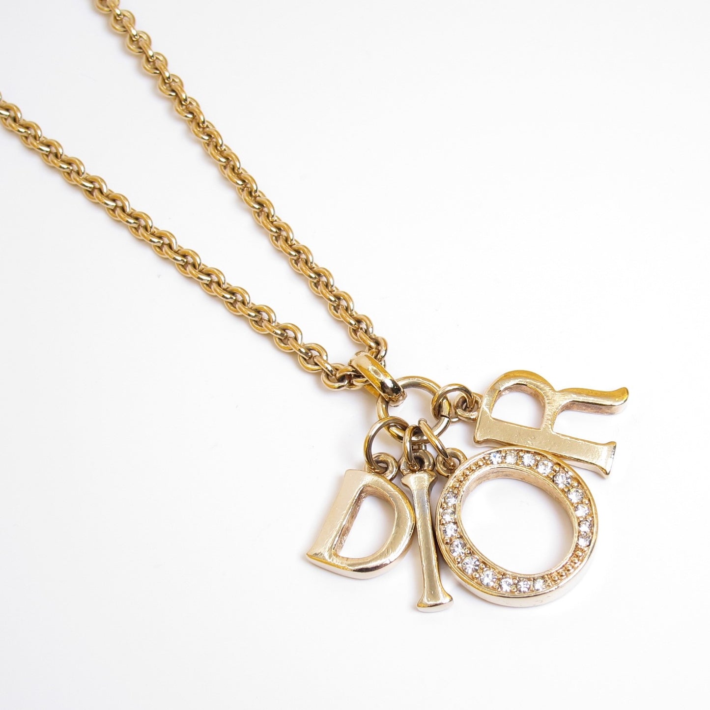 Christian Dior Vintage Dior Letter Charm with Rhinestone Golden Necklace