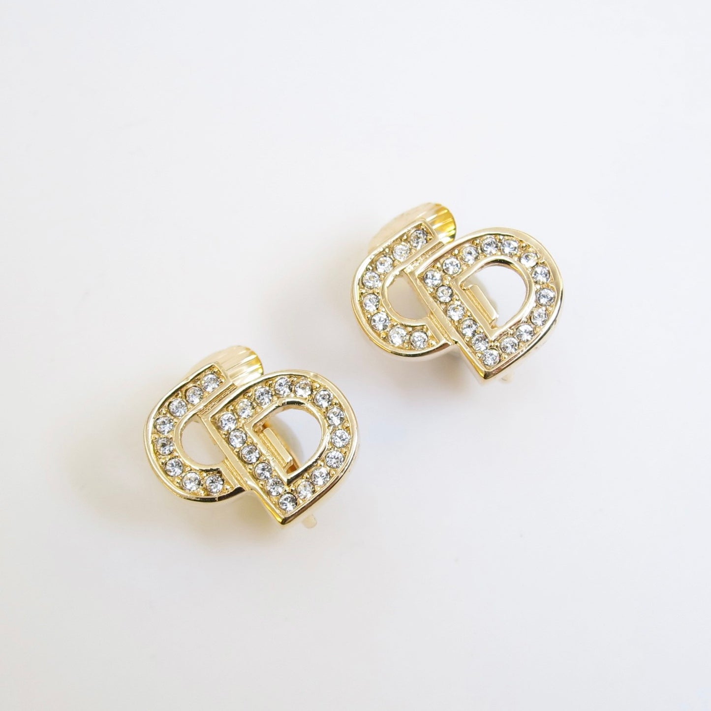 Christian Dior Vintage CD Logo with Rhinestone Golden Clip-on Earrings