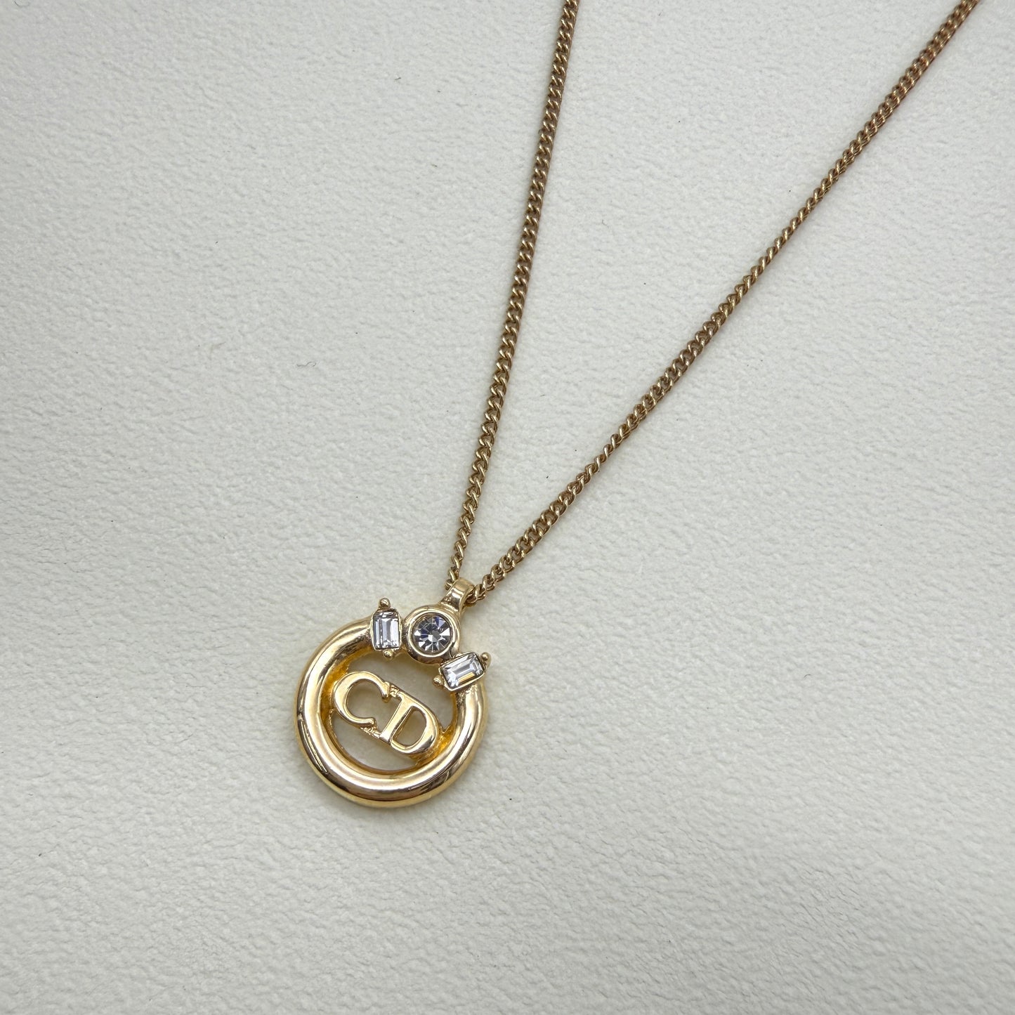 Christian Dior Vintage CD Logo in Circle with Rhinestone Golden Necklace