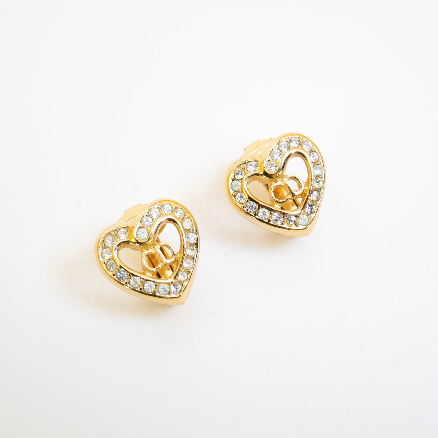 Christian Dior Vintage CD Logo in Heart with Rhinestone Golden Clip-on Earrings