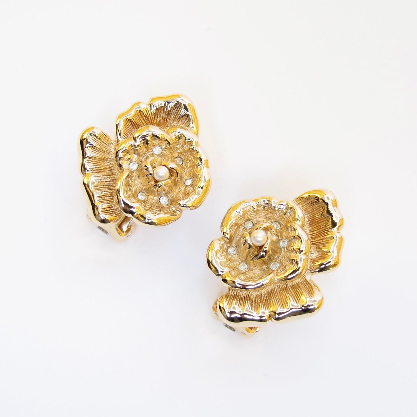 Christian Dior Vintage Flower Motif with Rhinestone and Pearl Golden Clip-on Earrings