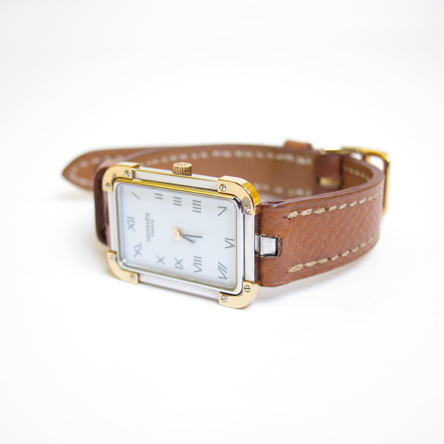 Hermes Vintage Croisière Rectangle White Face and Brown Leather Strap Watch