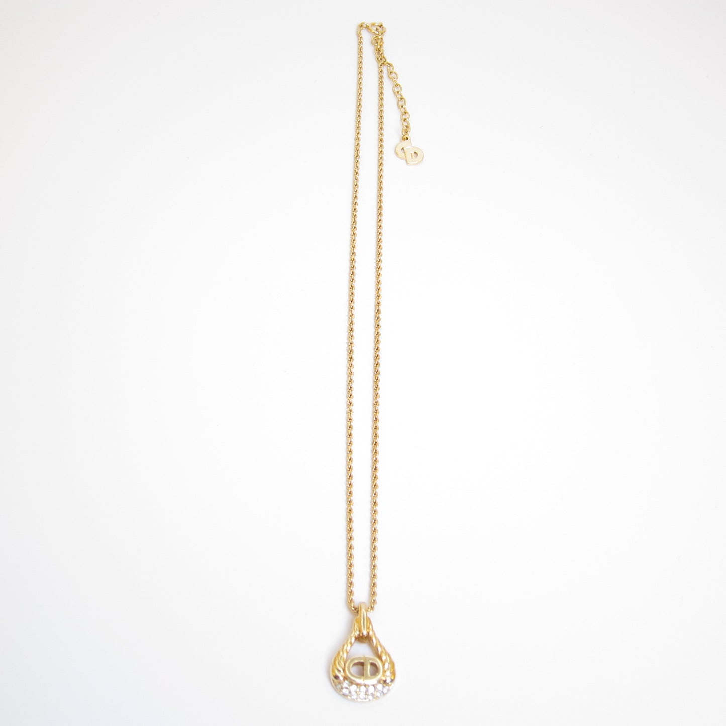 Christian Dior Vintage CD Logo in Teardrop Rope Twisted and Rhinestone Golden Necklace
