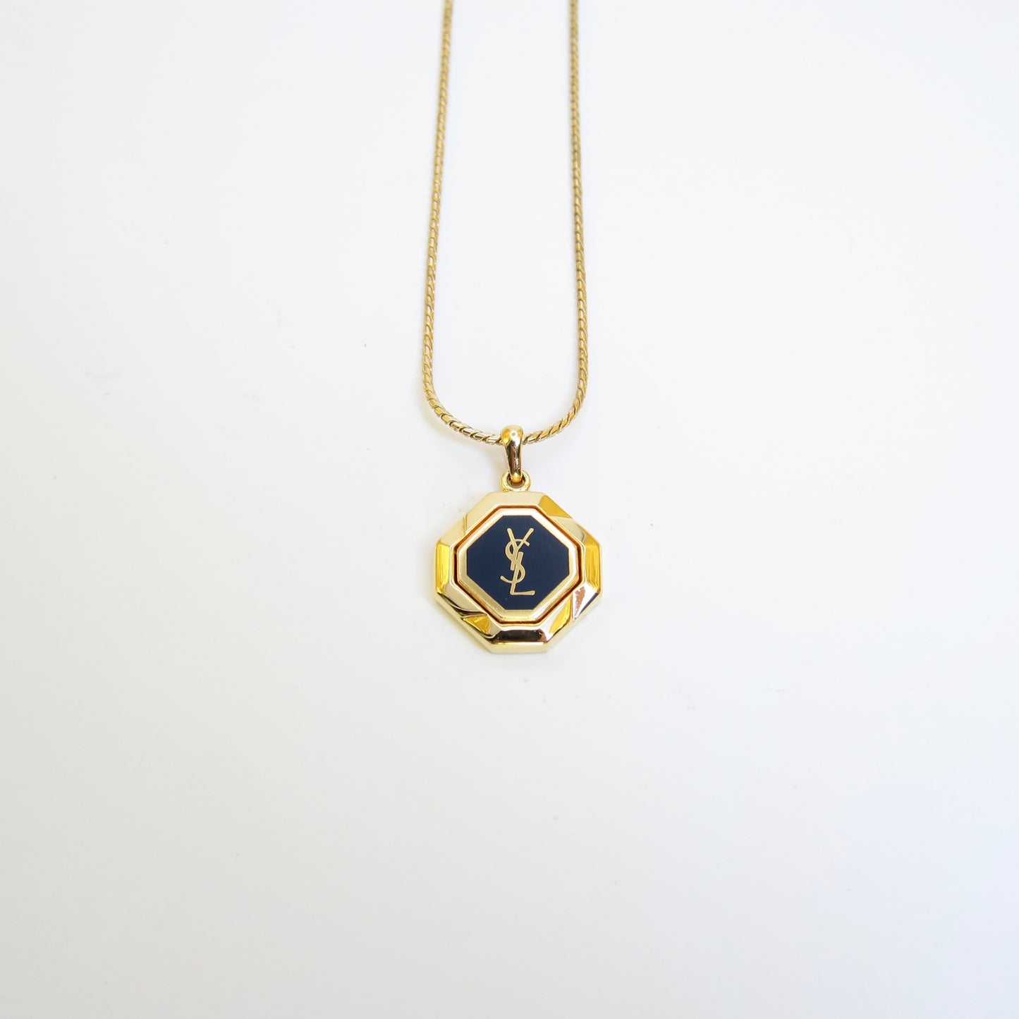 Yves Saint Laurent Vintage YSL Logo on Octagon Black Golden Necklace