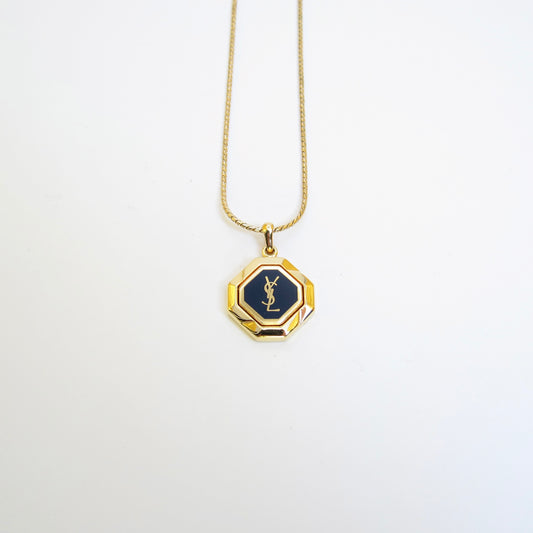 Yves Saint Laurent Vintage YSL Logo on Octagon Black Golden Necklace