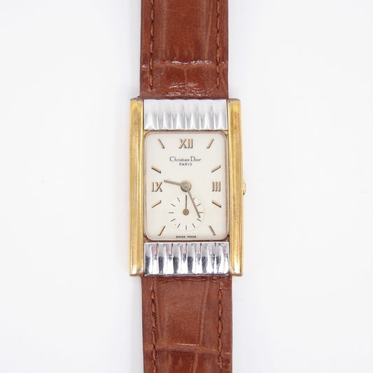 Christian Dior Vintage Tank Rectangle White Face with Leather Strap Two Tone Watch